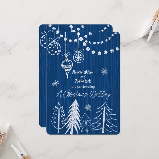 A Christmas Wedding White Chalk Designs On Blue  Invitation (Front/Back In Situ)
