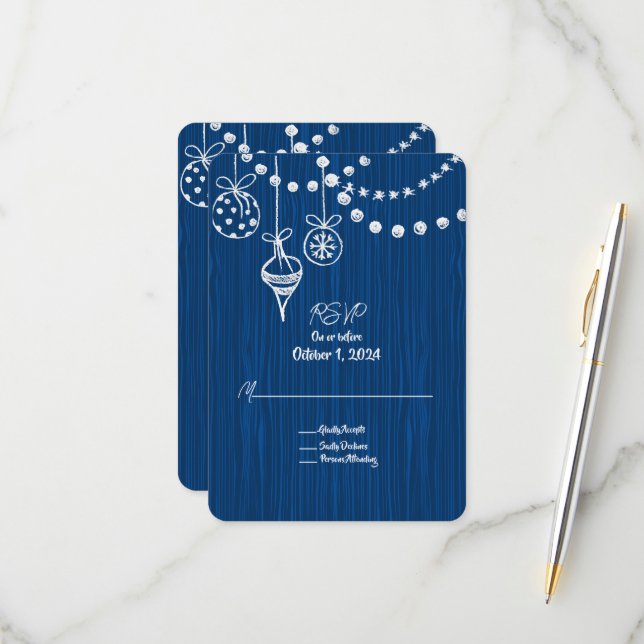 A Christmas Wedding White Chalk Designs On Blue  RSVP Card (Front/Back In Situ)