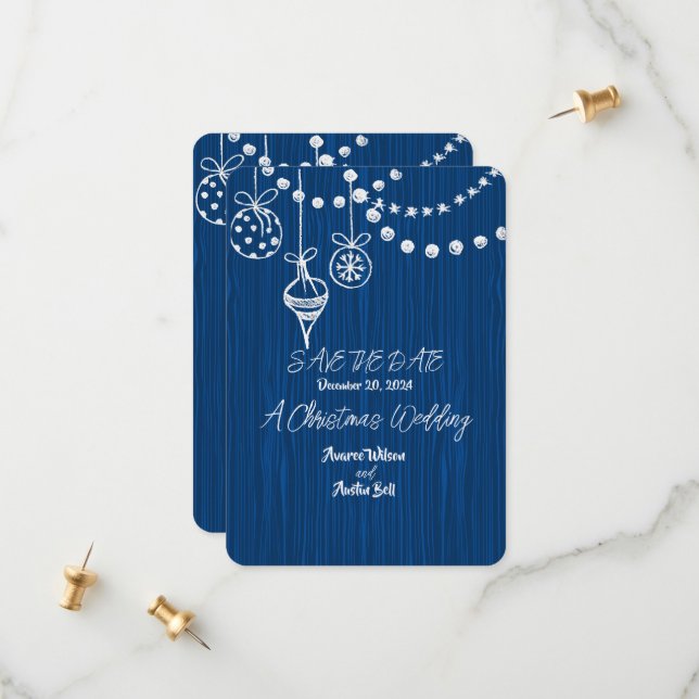 A Christmas Wedding White Chalk Designs On Blue  Save The Date (Front/Back In Situ)
