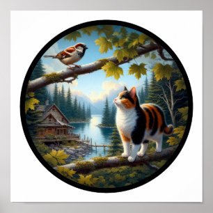 A circular 3D image of a beautiful Calico cat Poster