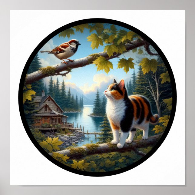 A circular 3D image of a beautiful Calico cat  Poster (Front)