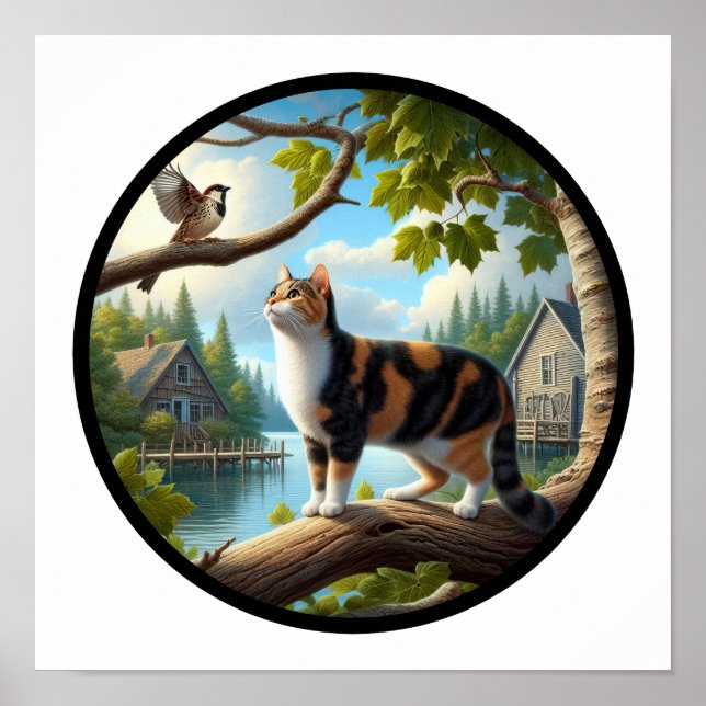 A circular 3D image of a beautiful Calico cat  Poster (Front)