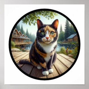 A circular 3D image of a beautiful Calico cat Poster
