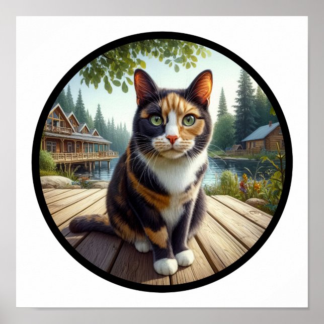 A circular 3D image of a beautiful Calico cat  Poster (Front)