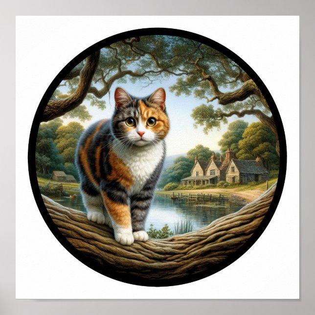 A circular 3D image of a beautiful Calico cat  Poster (Front)