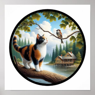 A circular 3D image of a beautiful Calico cat Poster