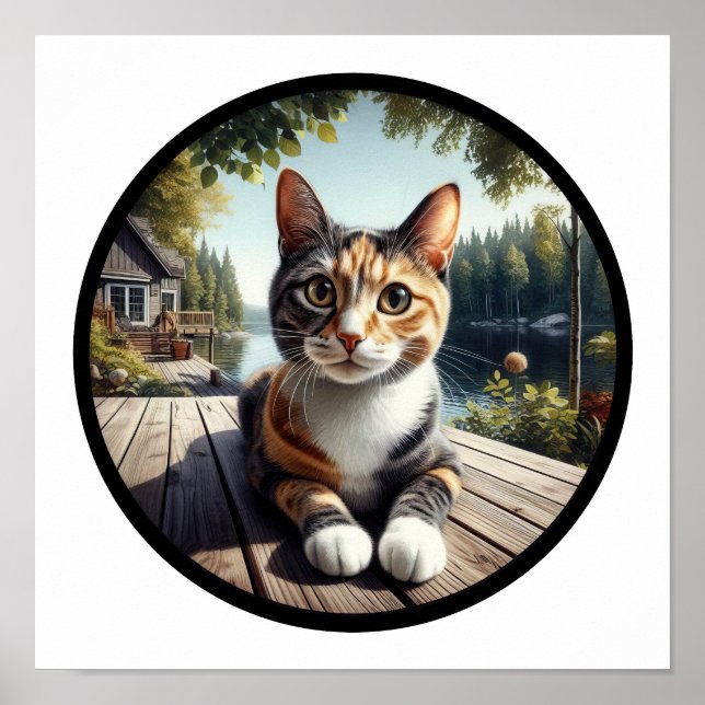 A circular 3D image of a beautiful Calico cat   Poster (Front)