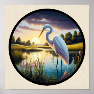 A Circular 3D Image of a Beautiful Great Egret  Poster