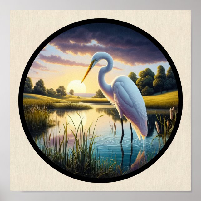 A Circular 3D Image of a Beautiful Great Egret  Poster (Front)