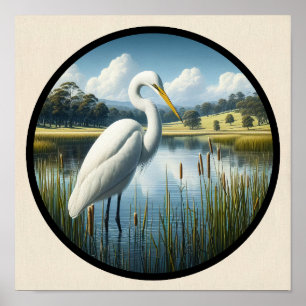A Circular 3D Image of a Beautiful Great Egret  Poster