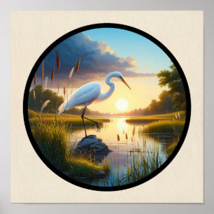A Circular 3D Image of a Beautiful Great Egret Poster