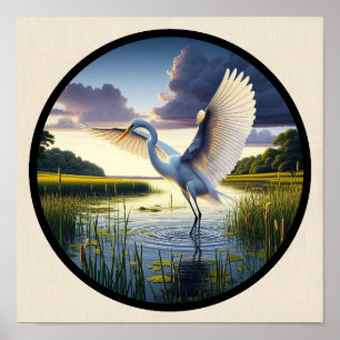 A Circular 3D Image of a Beautiful Great Egret Poster