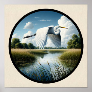 A Circular 3D Image of a Beautiful Great Egret  Poster