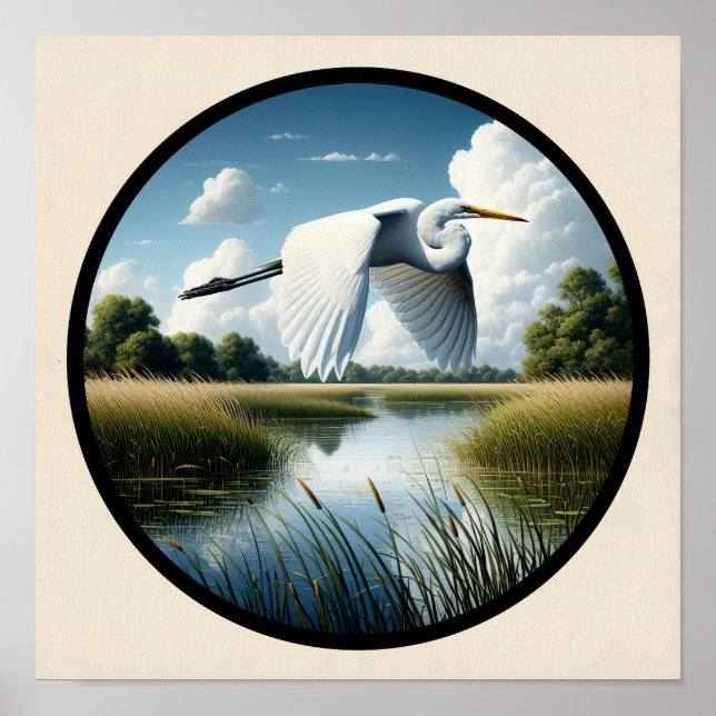 A Circular 3D Image of a Beautiful Great Egret  Poster (Front)