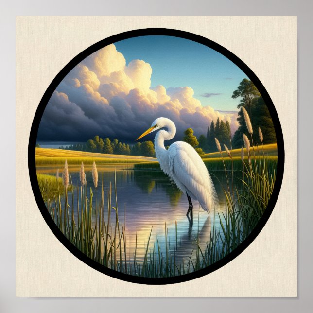A Circular 3D Image of a Beautiful Great Egret  Poster (Front)