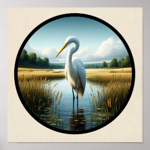 A Circular 3D Image of a Beautiful Great Egret  Poster