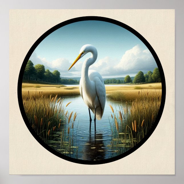 A Circular 3D Image of a Beautiful Great Egret  Poster (Front)