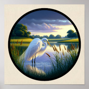 A Circular 3D Image of a Beautiful Great Egret Poster