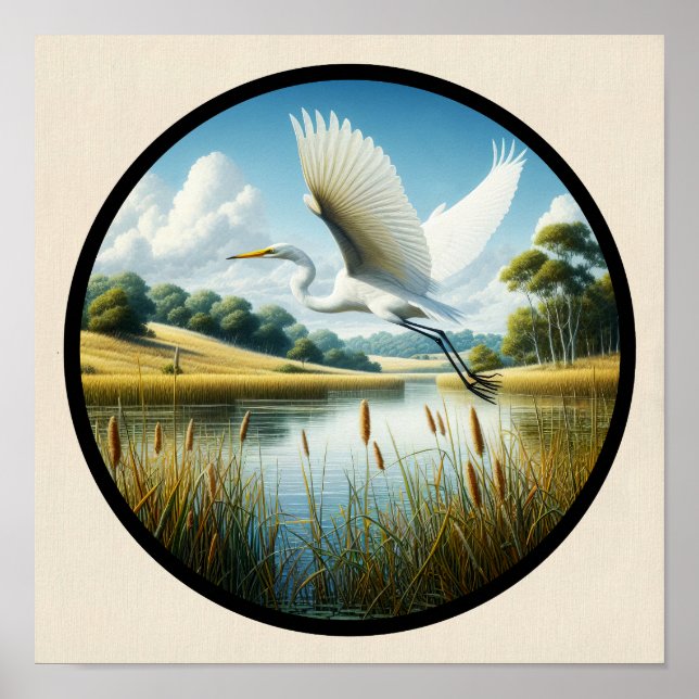 A Circular 3D Image of a Beautiful Great Egret  Poster (Front)