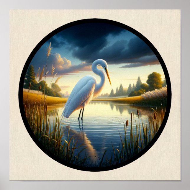 A Circular 3D Image of a Beautiful Great Egret  Poster (Front)