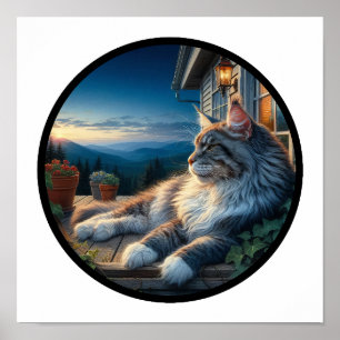 A Circular 3D Image of a Beautiful Maine Coon Cat Poster