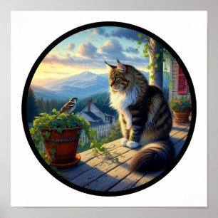 A Circular 3D Image of a Beautiful Maine Coon Cat Poster