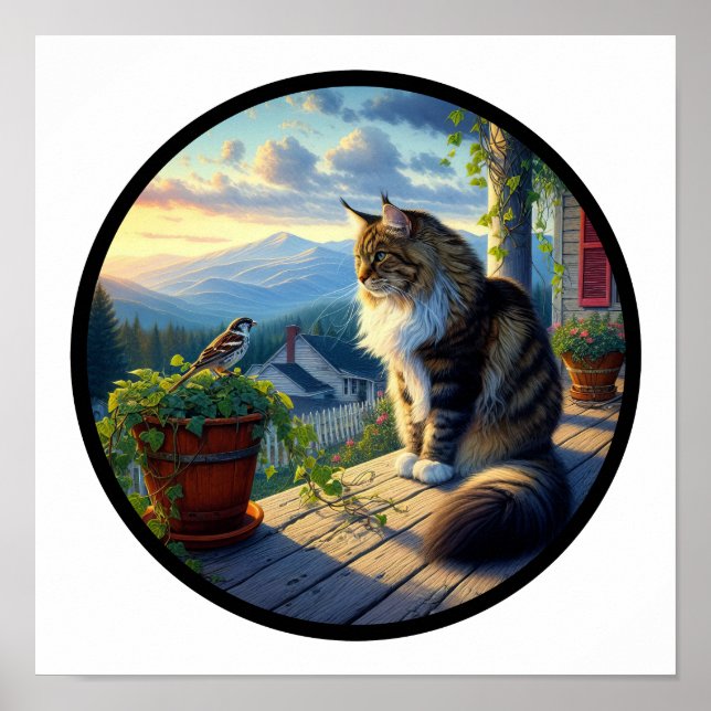A Circular 3D Image of a Beautiful Maine Coon Cat  Poster (Front)