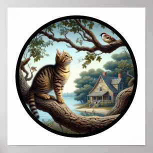 A Circular 3D Image of a Beautiful Tabby Cat Poster