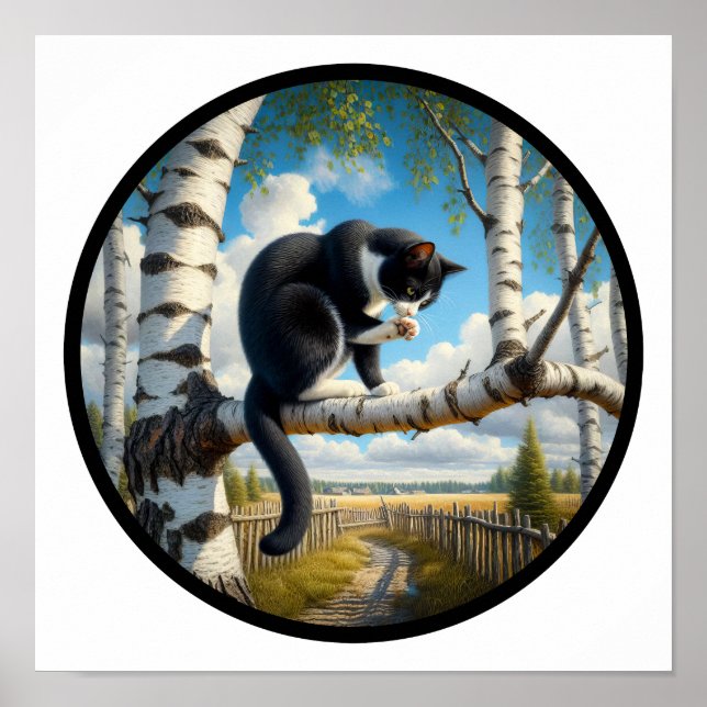 A Circular 3D Image of a Beautiful Tuxedo cat  Poster (Front)