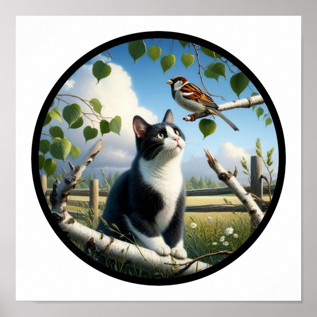 A Circular 3D Image of a Beautiful Tuxedo cat  Poster (Front)