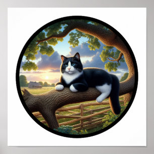 A Circular 3D Image of a Beautiful Tuxedo cat  Poster