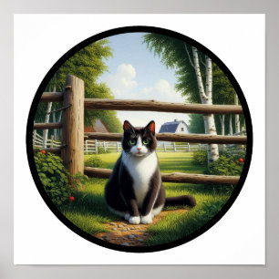 A Circular 3D Image of a Beautiful Tuxedo cat  Poster