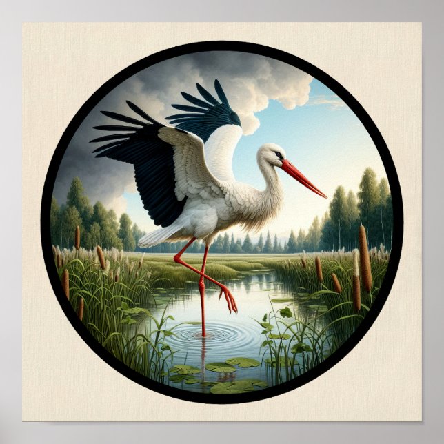 A Circular 3D Image of a Beautiful White Stork Poster (Front)