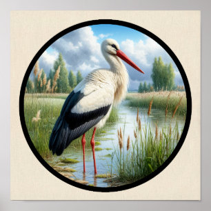 A Circular 3D Image of a Beautiful White Stork Poster