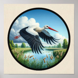 A Circular 3D Image of a Beautiful White Stork Poster