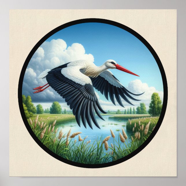 A Circular 3D Image of a Beautiful White Stork Poster (Front)