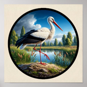 A Circular 3D Image of a Beautiful White Stork Poster