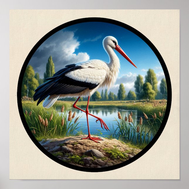 A Circular 3D Image of a Beautiful White Stork Poster (Front)