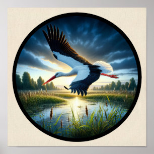 A Circular 3D Image of a Beautiful White Stork Poster