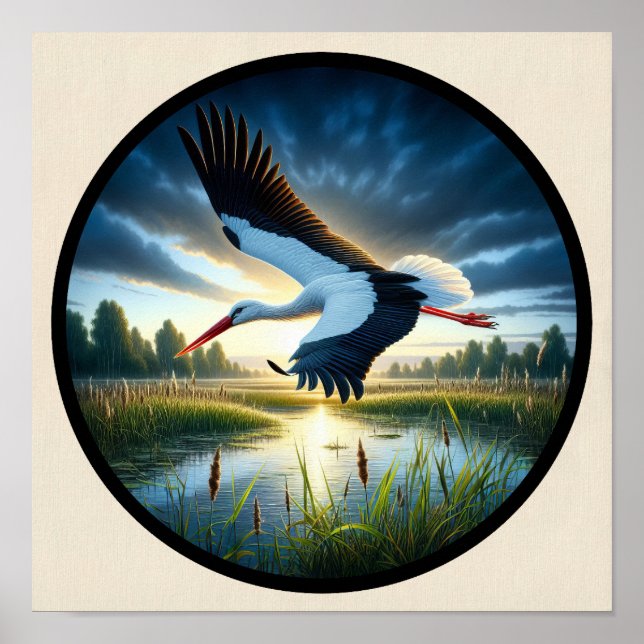 A Circular 3D Image of a Beautiful White Stork Poster (Front)