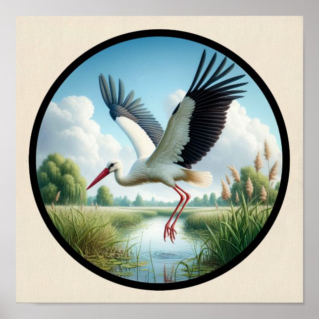 A Circular 3D Image of a Beautiful White Stork Poster (Front)