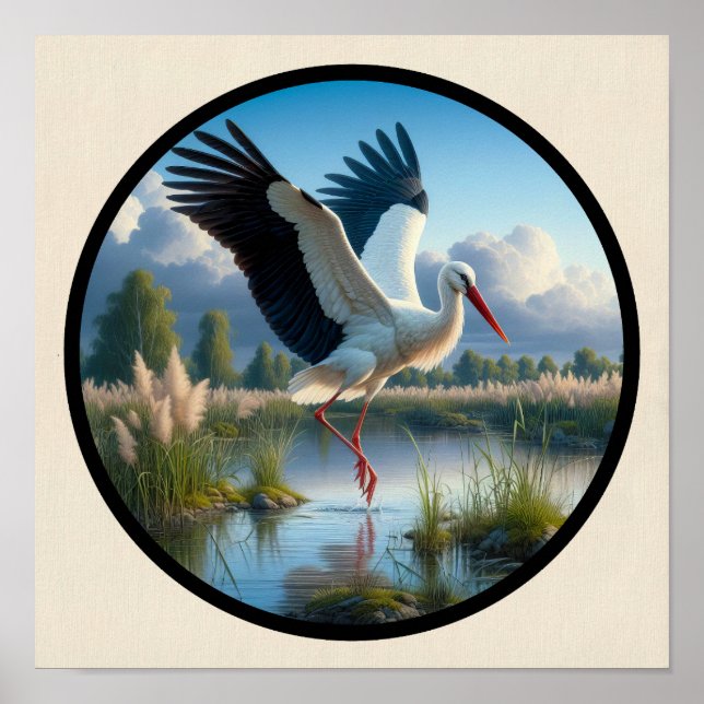 A Circular 3D Image of a Beautiful White Stork Poster (Front)