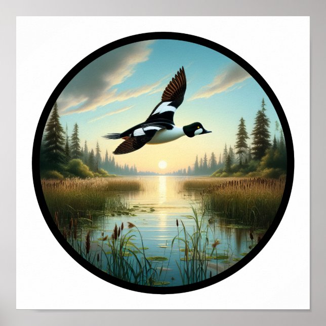 A Circular 3D Image of a Common Goldeneye Duck Poster (Front)