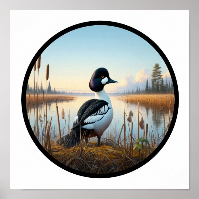A Circular 3D Image of a Common Goldeneye Duck Poster (Front)