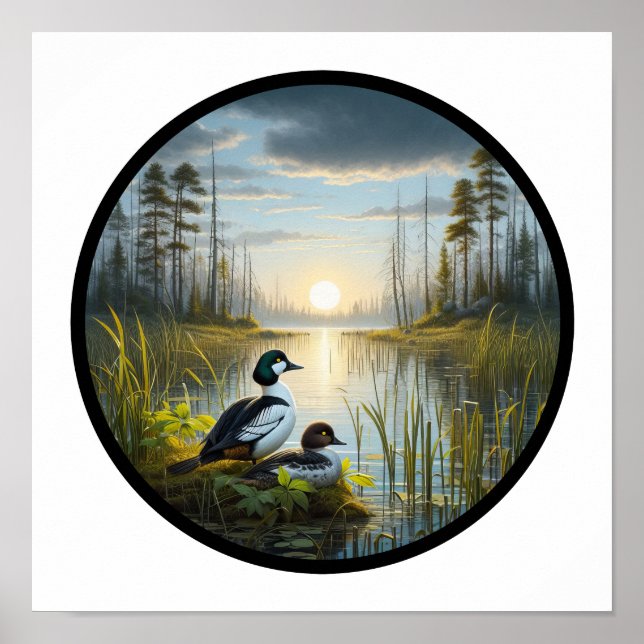 A Circular 3D Image of a Common Goldeneye Duck Poster (Front)