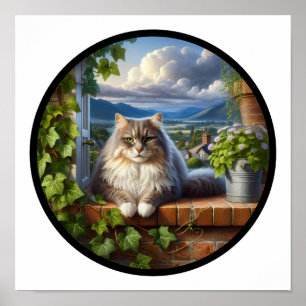 A Circular 3D Image of a Domestic Longhair Cat Poster