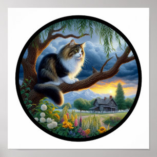 A Circular 3D Image of a Domestic Longhair Cat Poster