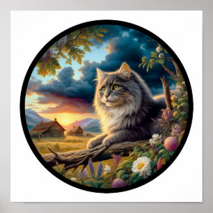 A Circular 3D Image of a Domestic Longhair Cat Poster