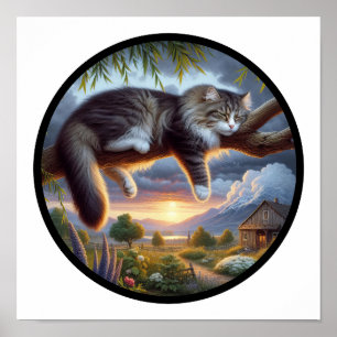 A Circular 3D Image of a Domestic Longhair Cat Poster
