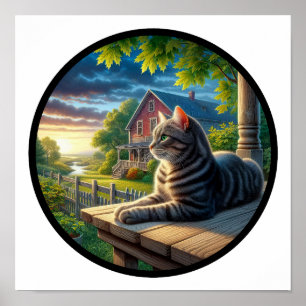 A Circular 3D Image of a Domestic Shorthair Cat Poster